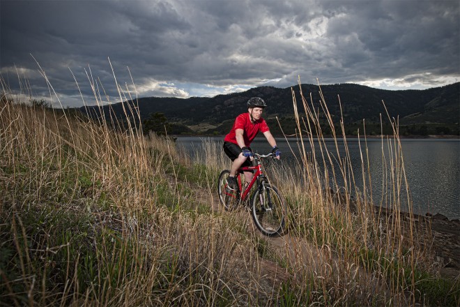 Fort Collins, CO.  Mountain biking at Horsetooth Reservoir. tilt-shift tutorial